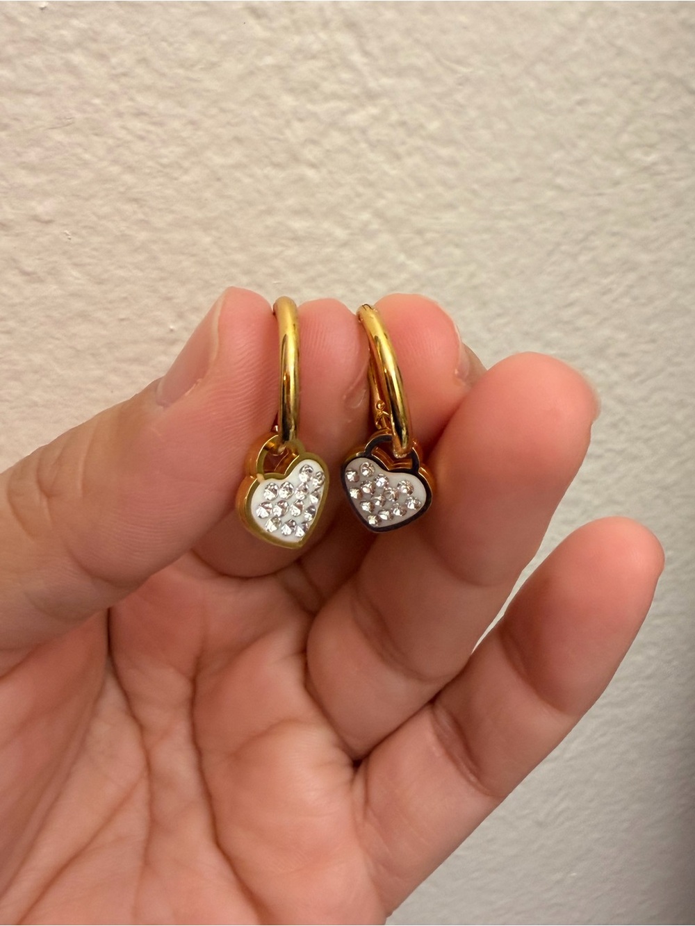 Gold Heart Hoop Earrings with Crystal Accents - White and Black